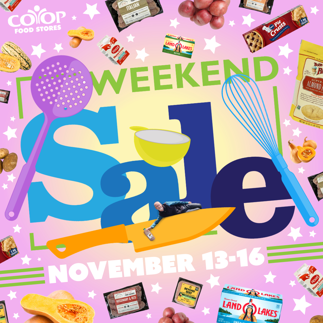 Typographical illustration of Weekend Cooking Sale with products and cooking implements art on colorful background