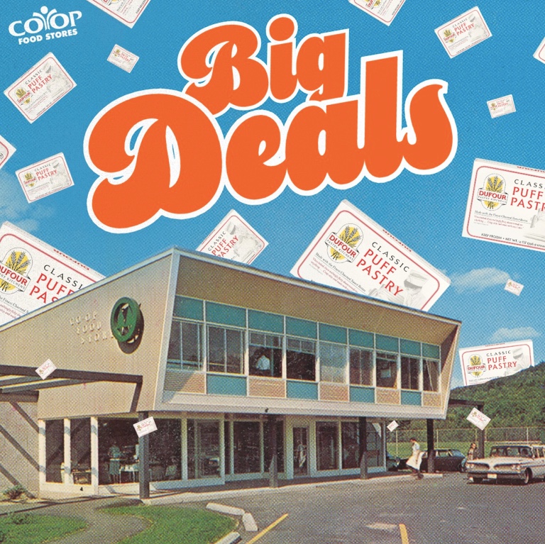 Photo illustration of Hanover store with puff pastry labels and words "Big Deals" on deep blue sky