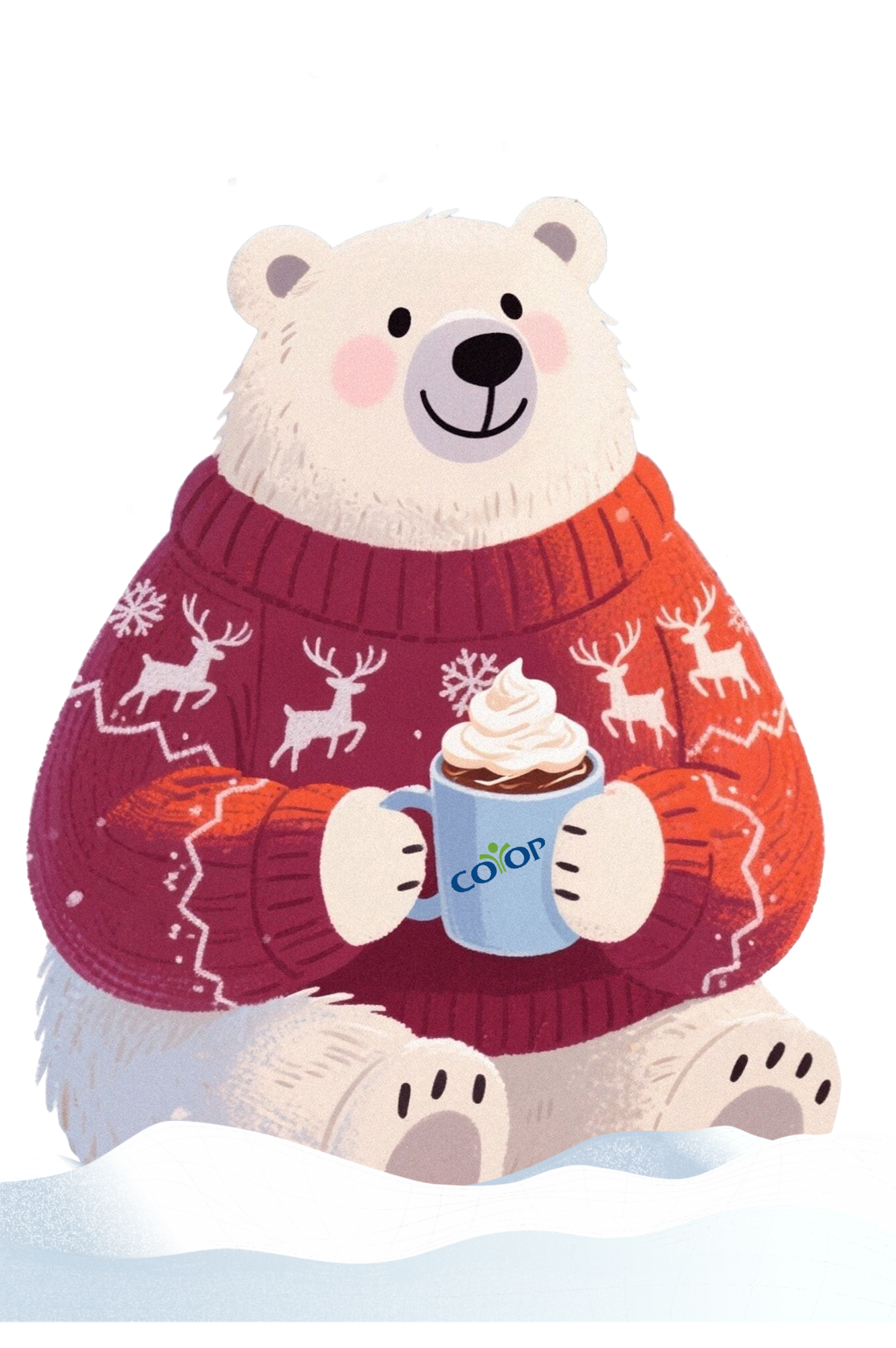 cozy_polar_bear Illustration of cute polar bear in winter sweater sitting in snow with a cup of hot chocolate bearing Co-op logo