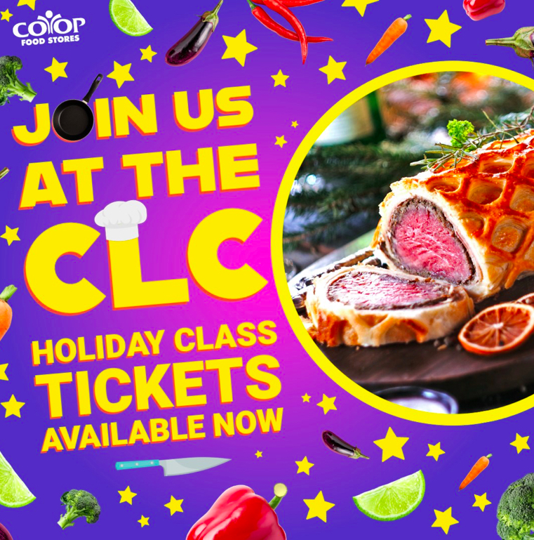 Graphic to promote holiday classes, with Beef Wellington and food illustrations on colorful background with colorful stars