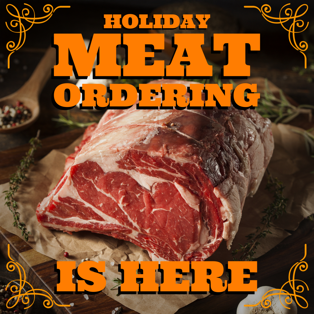 holiday_meat_ordering Cut of lean meet on wooden cutting board with words "holiday meat ordering is here" with rustic border