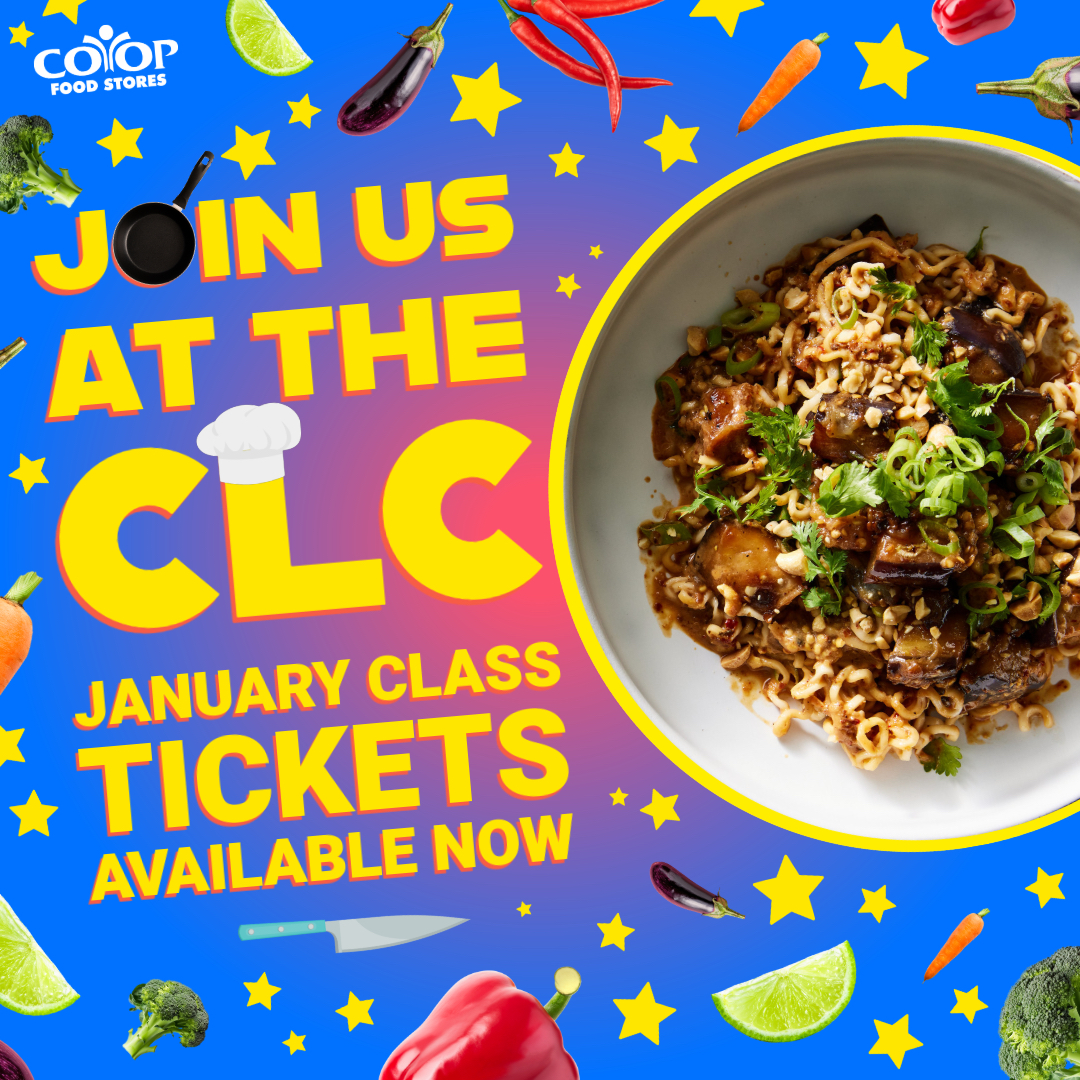 January classes as the CLC graphic with bowl of warm winter food on colorful background