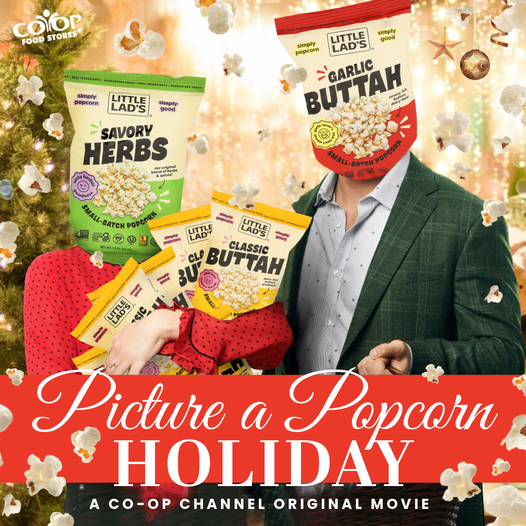 popcorn_holiday_romcom Satire of a holiday rom-com movie poster with two people with popcorn bags for heads (really) on a festive holiday background
