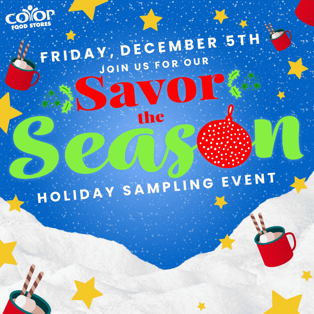 savor_the_season_high Animated gif illustration with employee face, snowy background, and Savor the Season logo and cups of hot chocolate