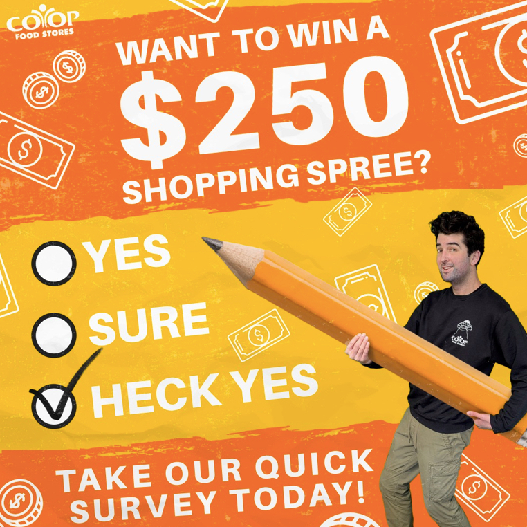 Photo illustration of employee with giant pencil filling out survey for $250 Co-op gift card