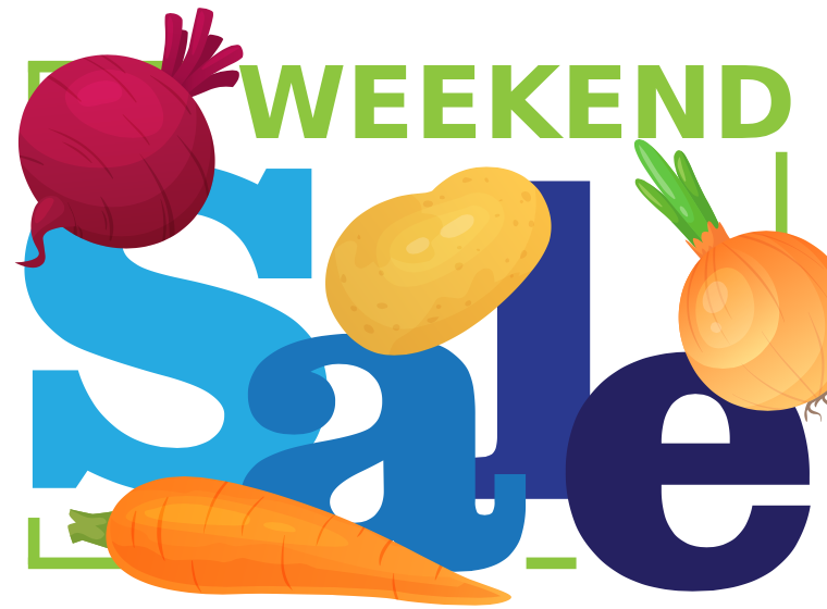 Weekend Sale logo with illustrations of colorful vegetables