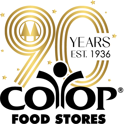 Co-op logo in black with gold 90 for 90th year in business