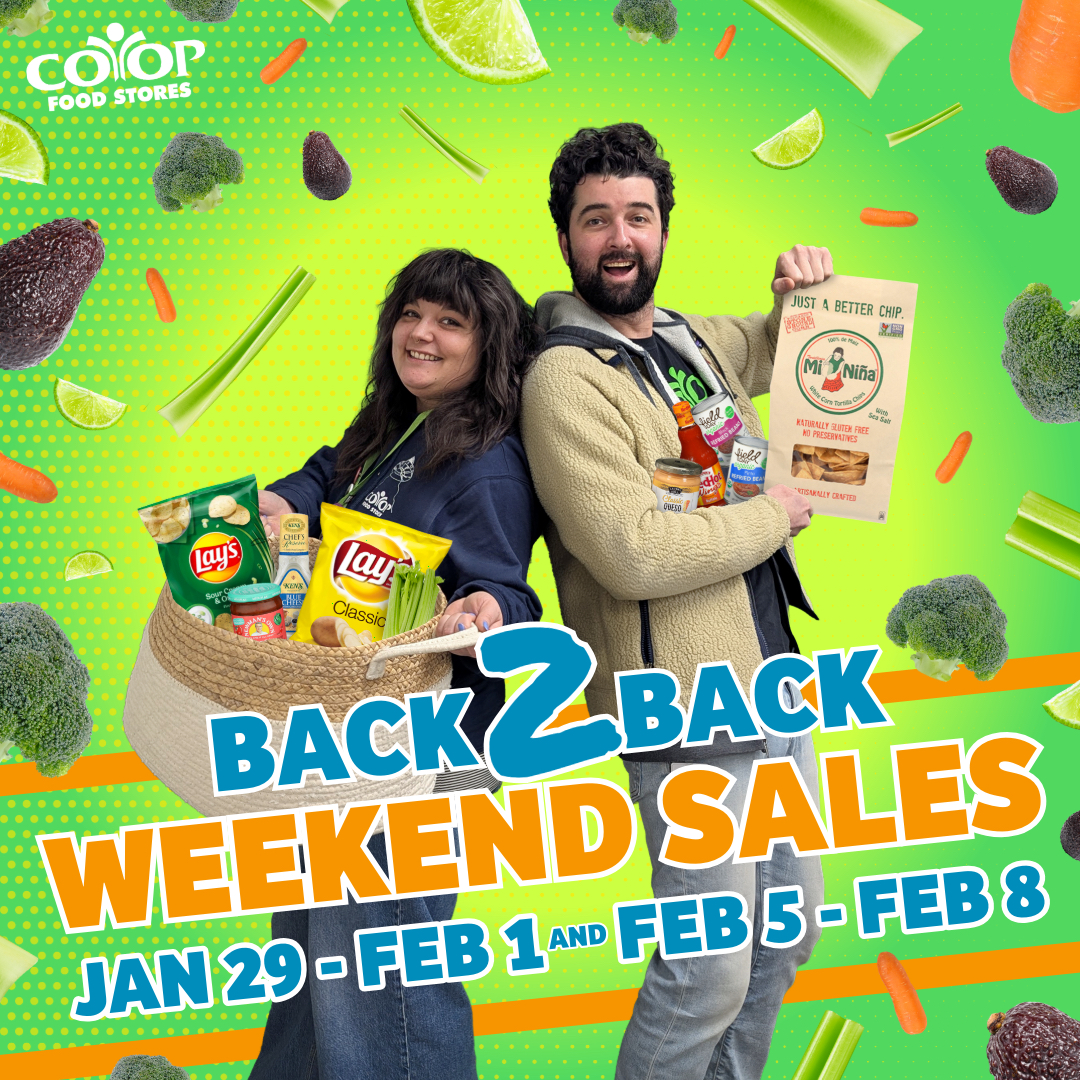 back_2_back_sale Photo illustration with two Co-op employees back-to-back on a colorful background with a variety of food imagery