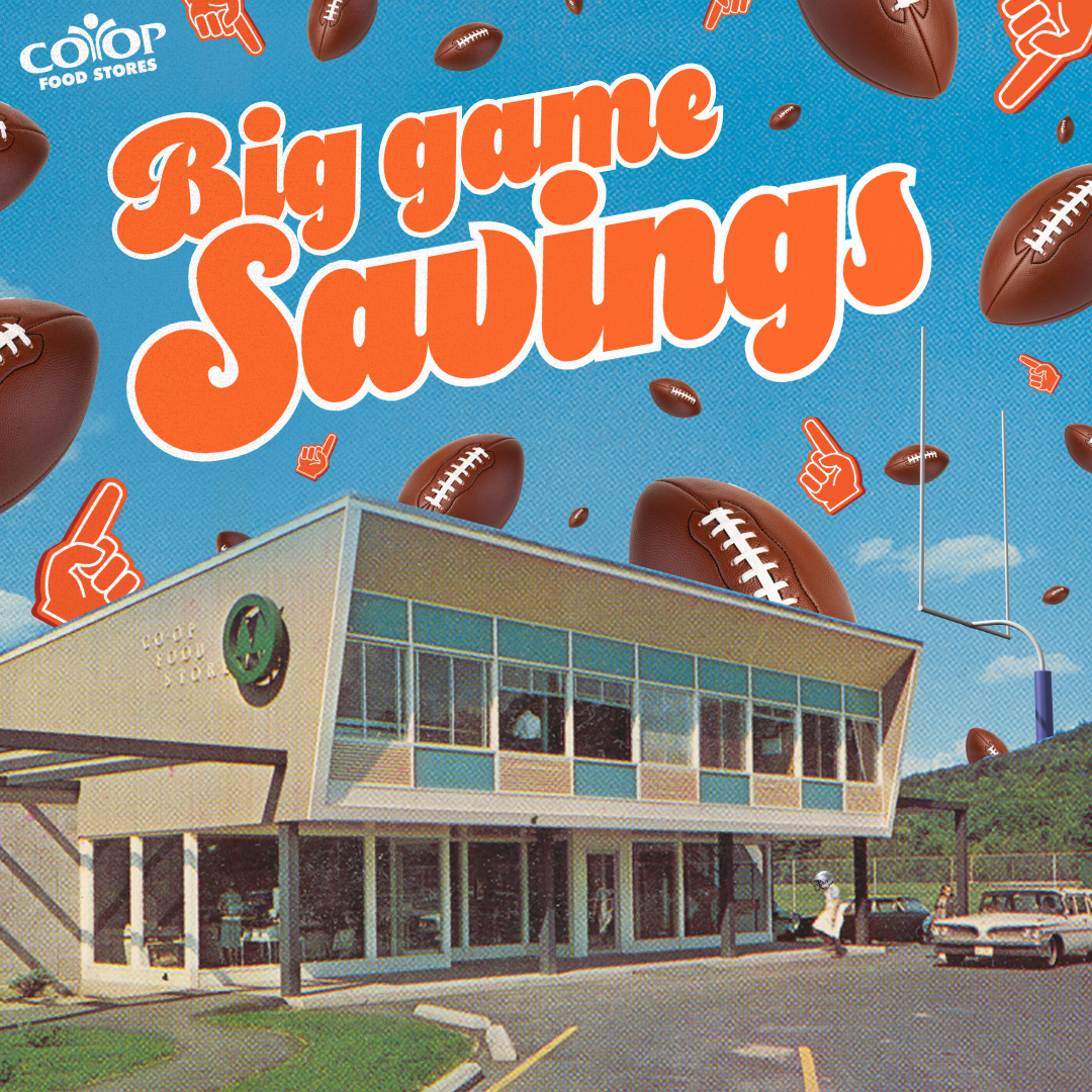 Photo illustration with old photo of Hanover Co-op and flying footballs (yes, we're serious) to promote Big Game savings promotion