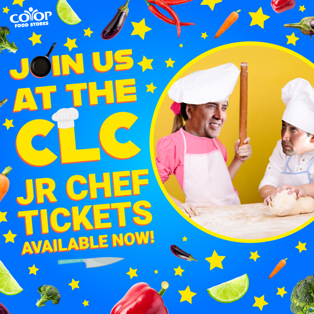 Photo illustration of two chefs, each with the head of Nicholas Cage, on a colorful background of stars and food to promote the Co-op Learning Center. Yes, we're serious.