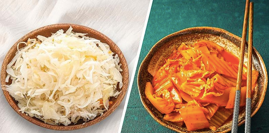 Photo with bowl of sauerkraut on left and bowl of kimchi on right