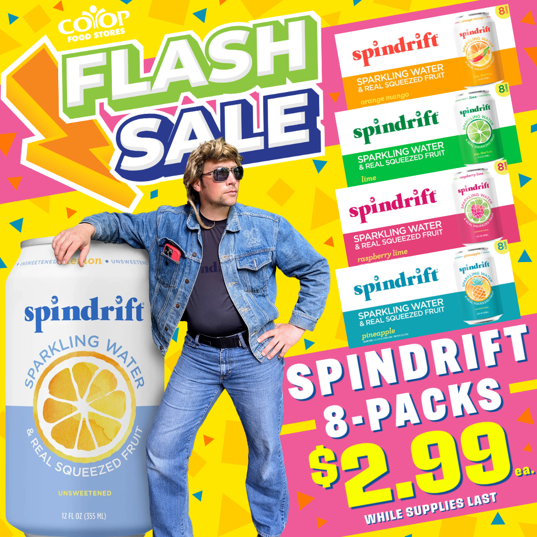 Co-op employee looking very cool standing next to giant can of Spindrift sparkling water on colorful background with Flash Sale logo