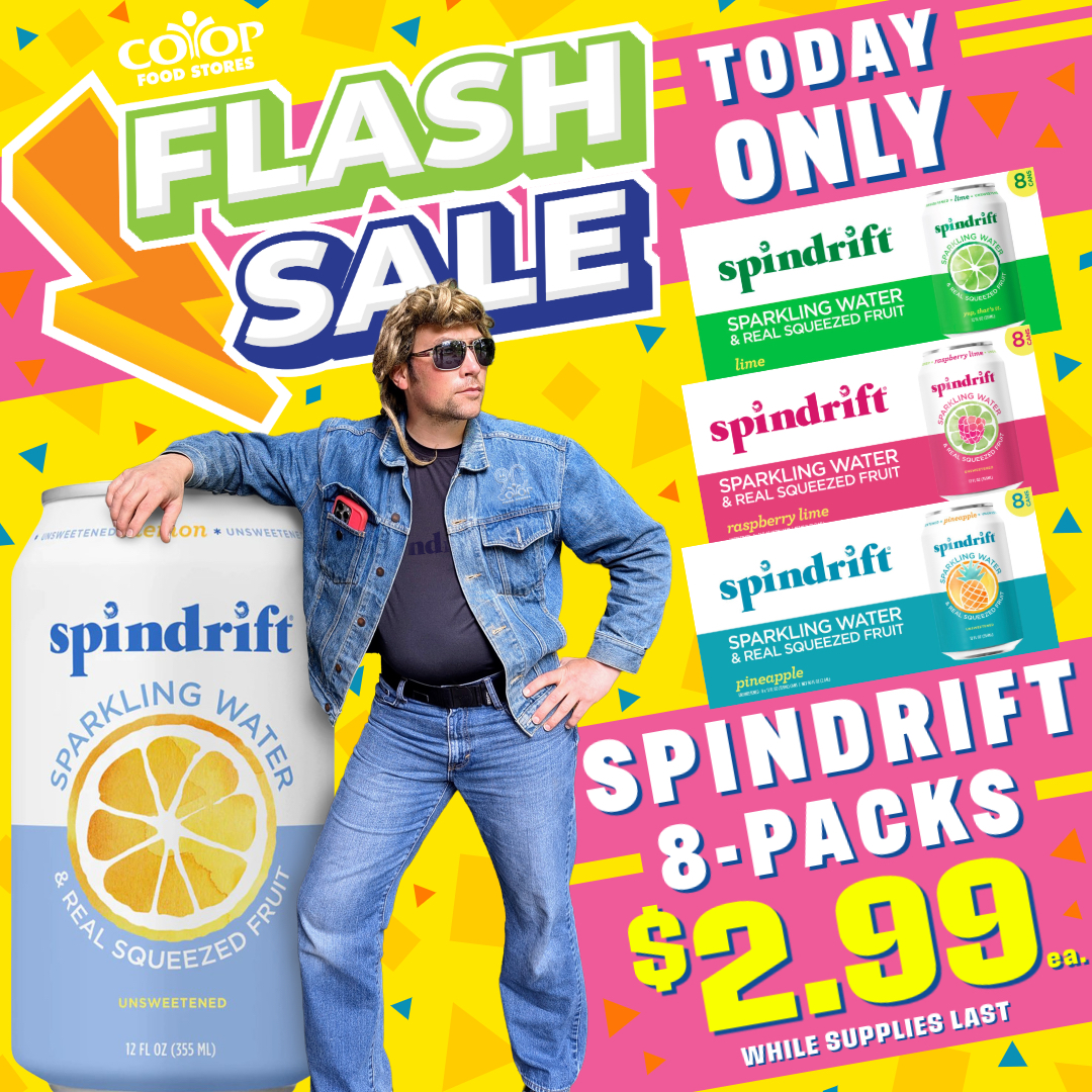 spindrift_todd_today_only Co-op employee looking very cool standing next to giant can of Spindrift sparkling water on colorful background with Flash Sale logo