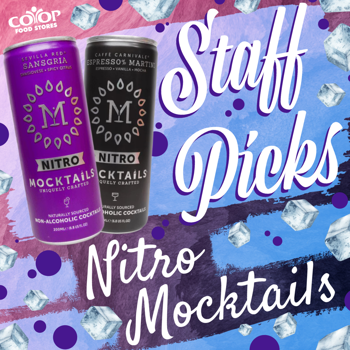 staff_picks_mocktails Photo illustration featuring cans of NITRO Mocktails with the words "Staff Picks" on colorful background