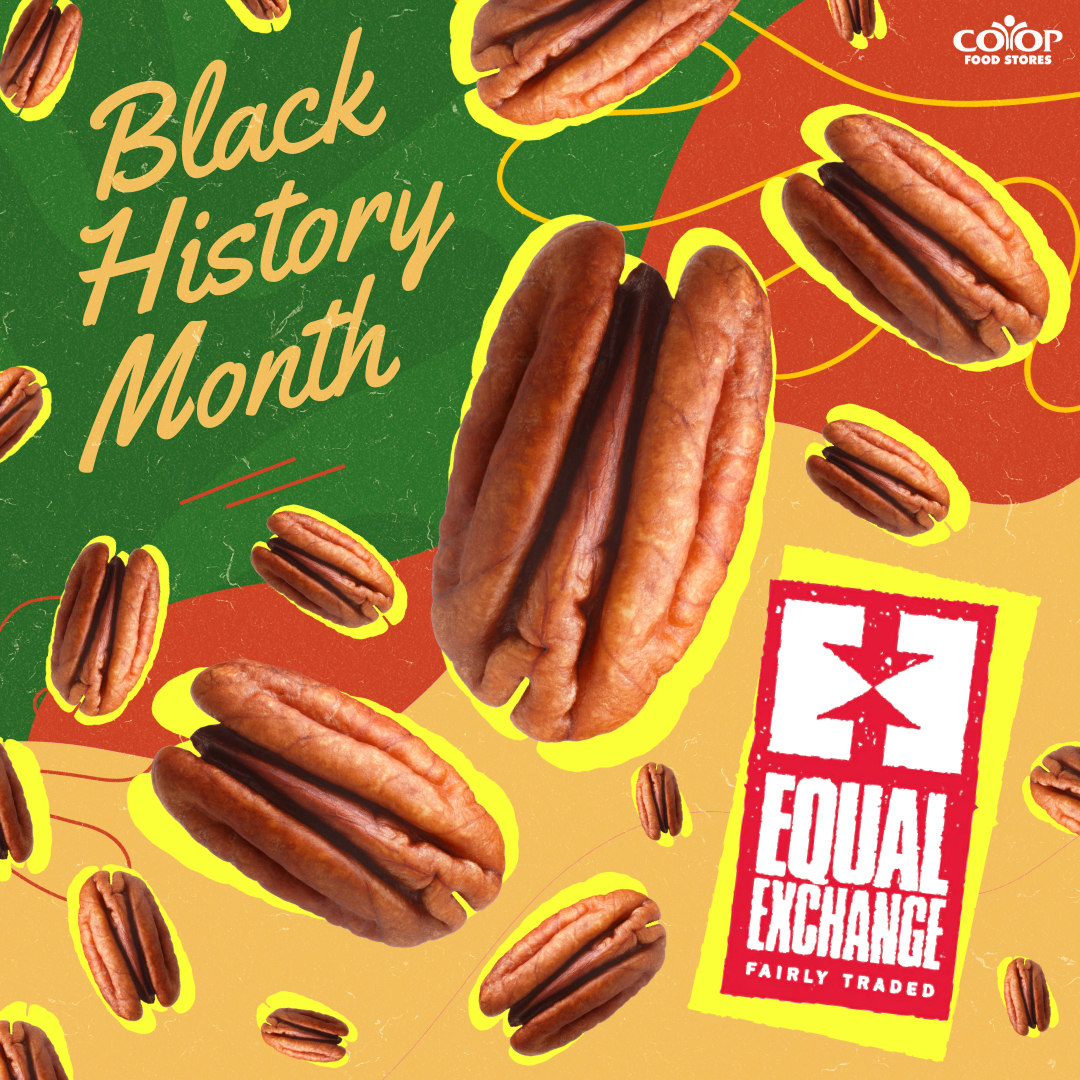 bhm_pecans Photo illustration of Equal Exchange pecans with EE logo on colorful background for Black History Month