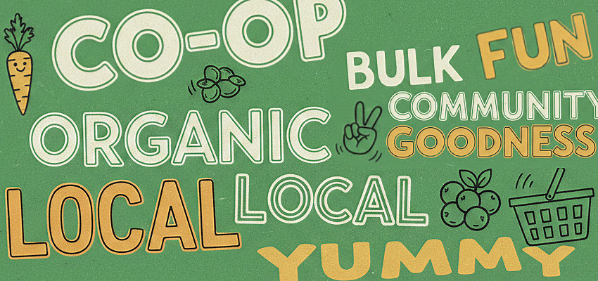 fun_collage_horizontal Word art illustration featuring a collage of words and food images on a green background, horizontal