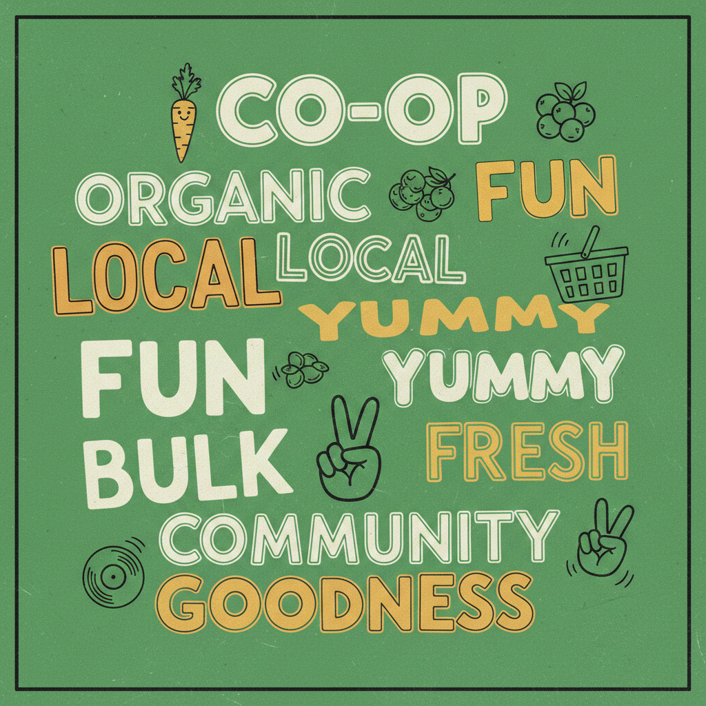 fun_word_art_square Word art illustration featuring a collage of words and food images on a green background, square