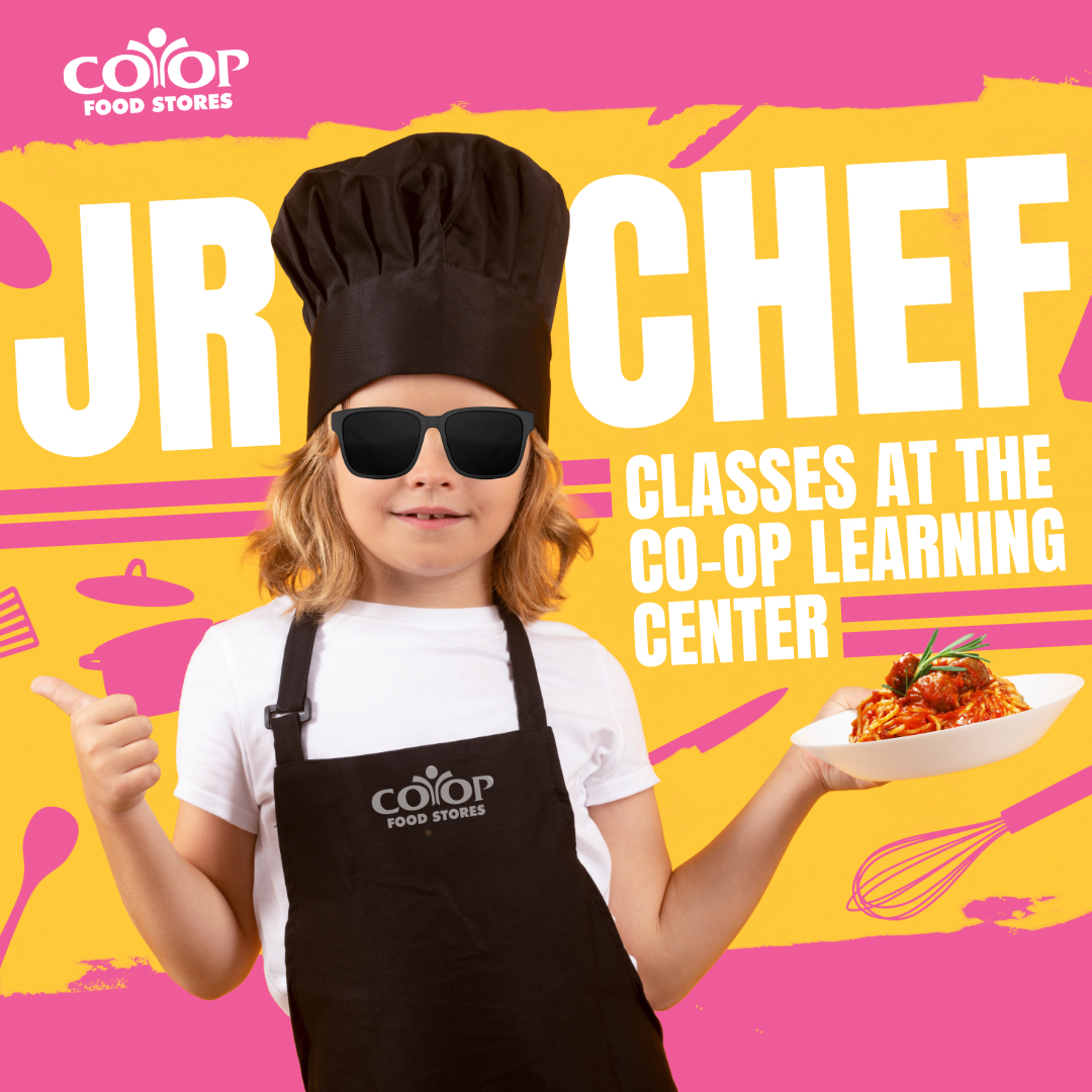 Young chef in hat and apron and sunglasses on colorful background to promote Jr. Chef classes