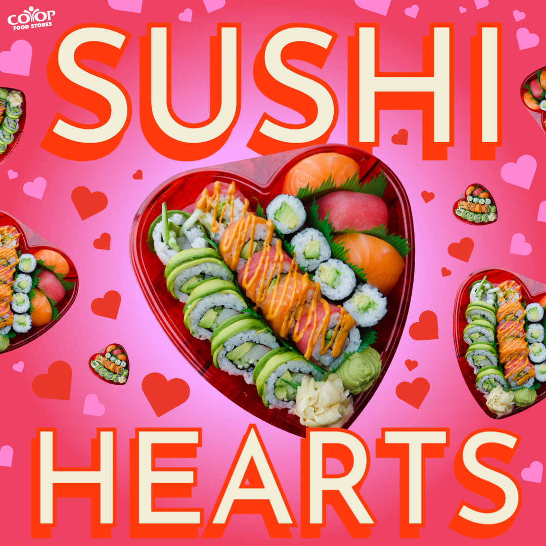 Co-op sushi in a heart-shaped box on a colorful red and pink background with heart emojis