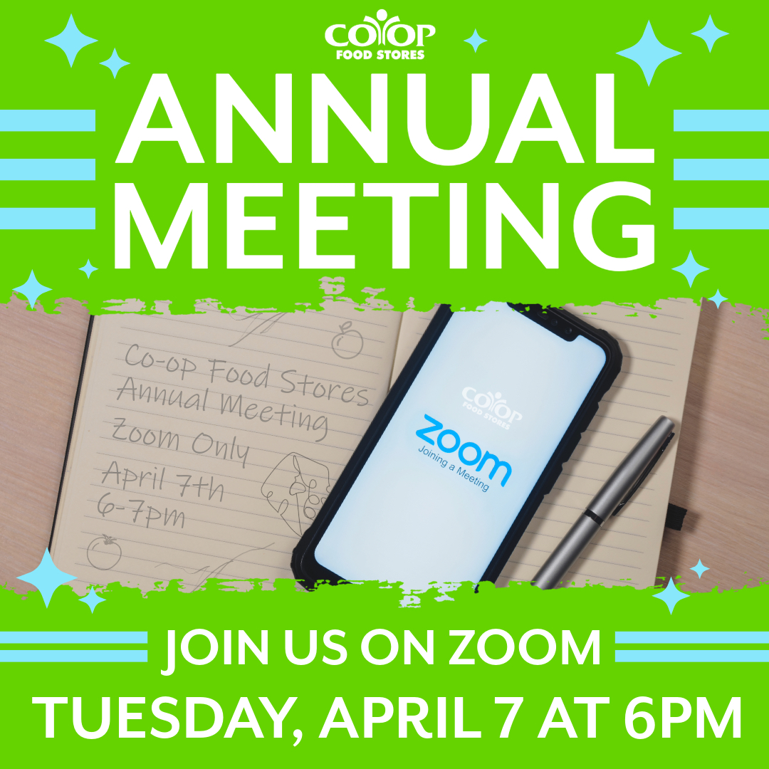 annual_meeting_2026 Photo illustration of cell phone on Zoom and note pad and pen for Co-op Annual Meeting