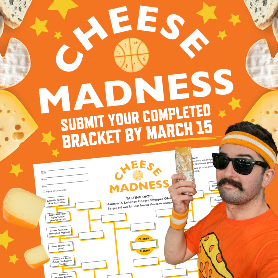 Photo illustration of Co-op employee in head band and sunglasses over Cheese Madness 2026 bracket