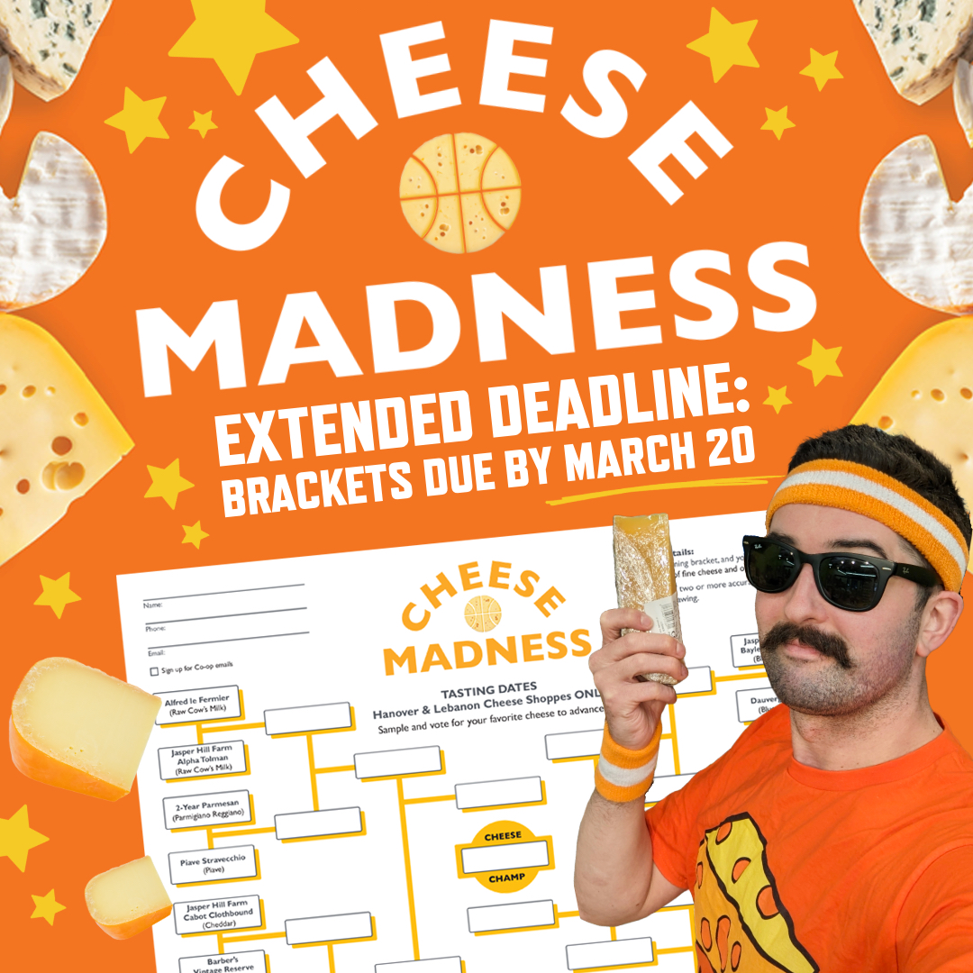 cheese_madness_event_2026 Photo illustration of Co-op employee in head band and sunglasses over Cheese Madness 2026 bracket
