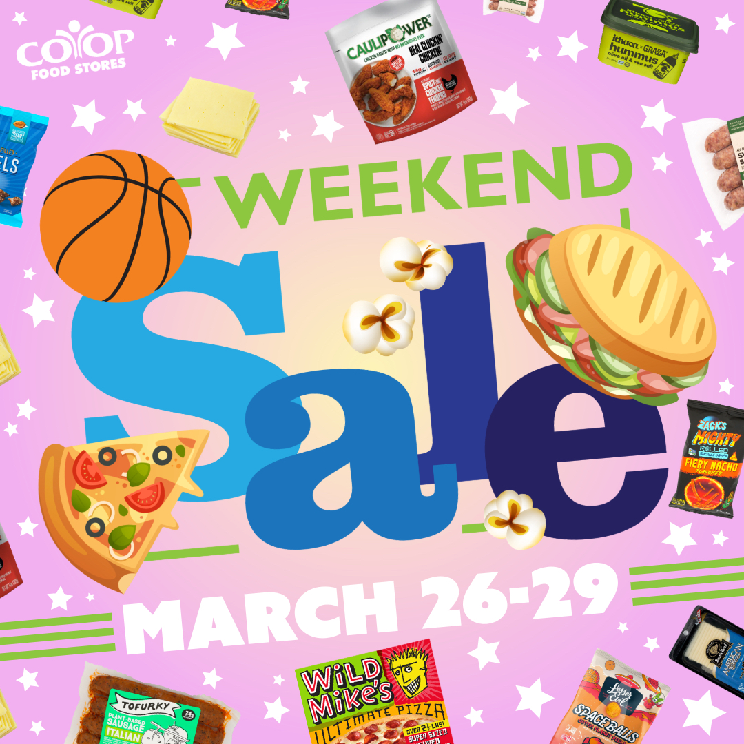 march_madness_2026 Photo illustration with collage of basketball and food imagery to promote weekend sale, all on colorful background