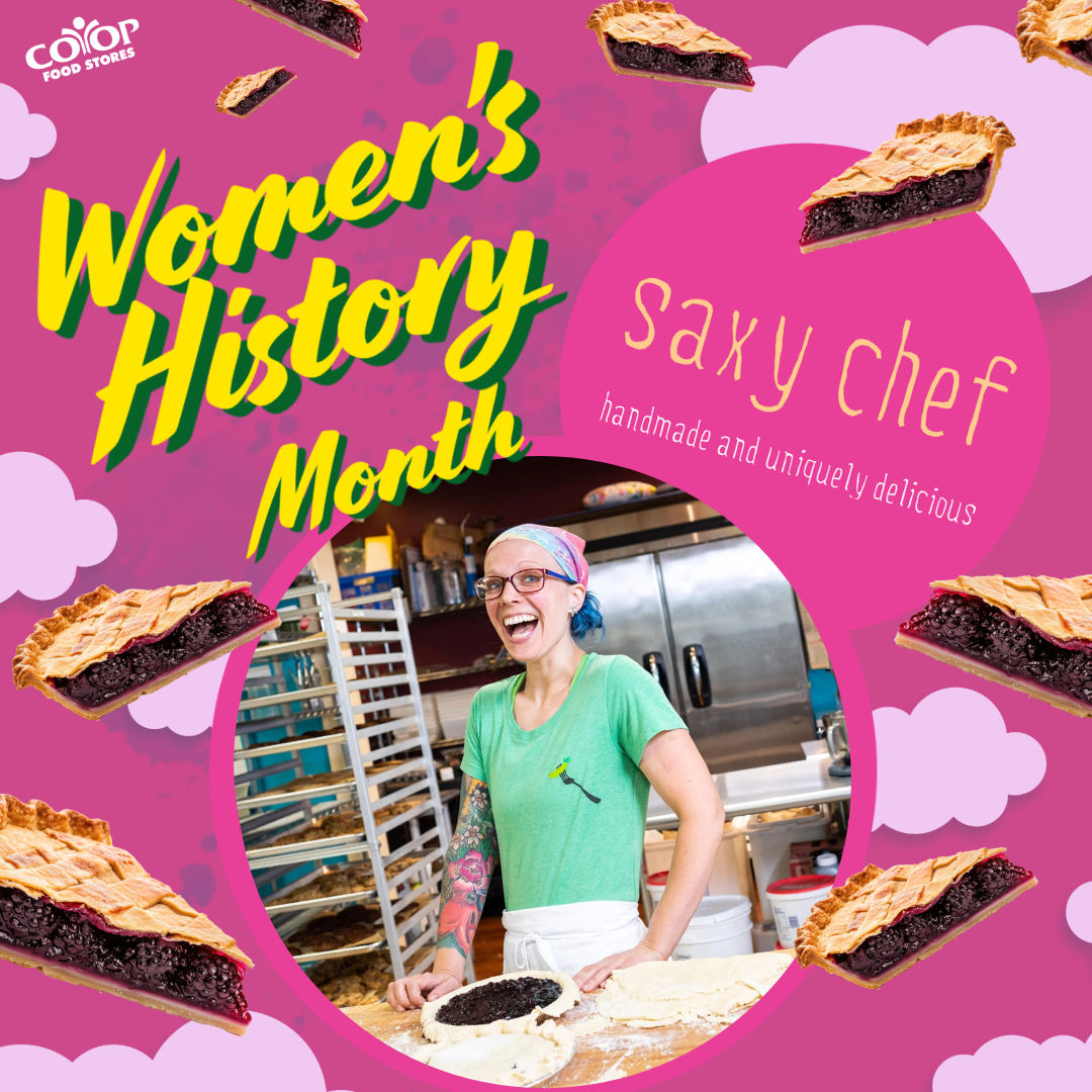 Photo illustration of Saxy Chef founder with slices of pie on colorful background