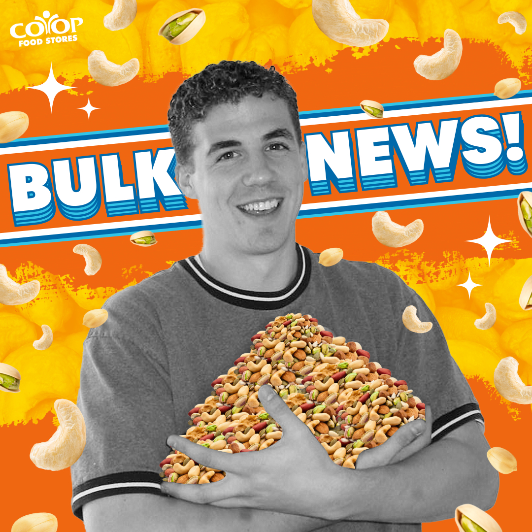 Old photo of Co-op employee carrying piles of nuts on colorful backgrground with the words "Bulk News"