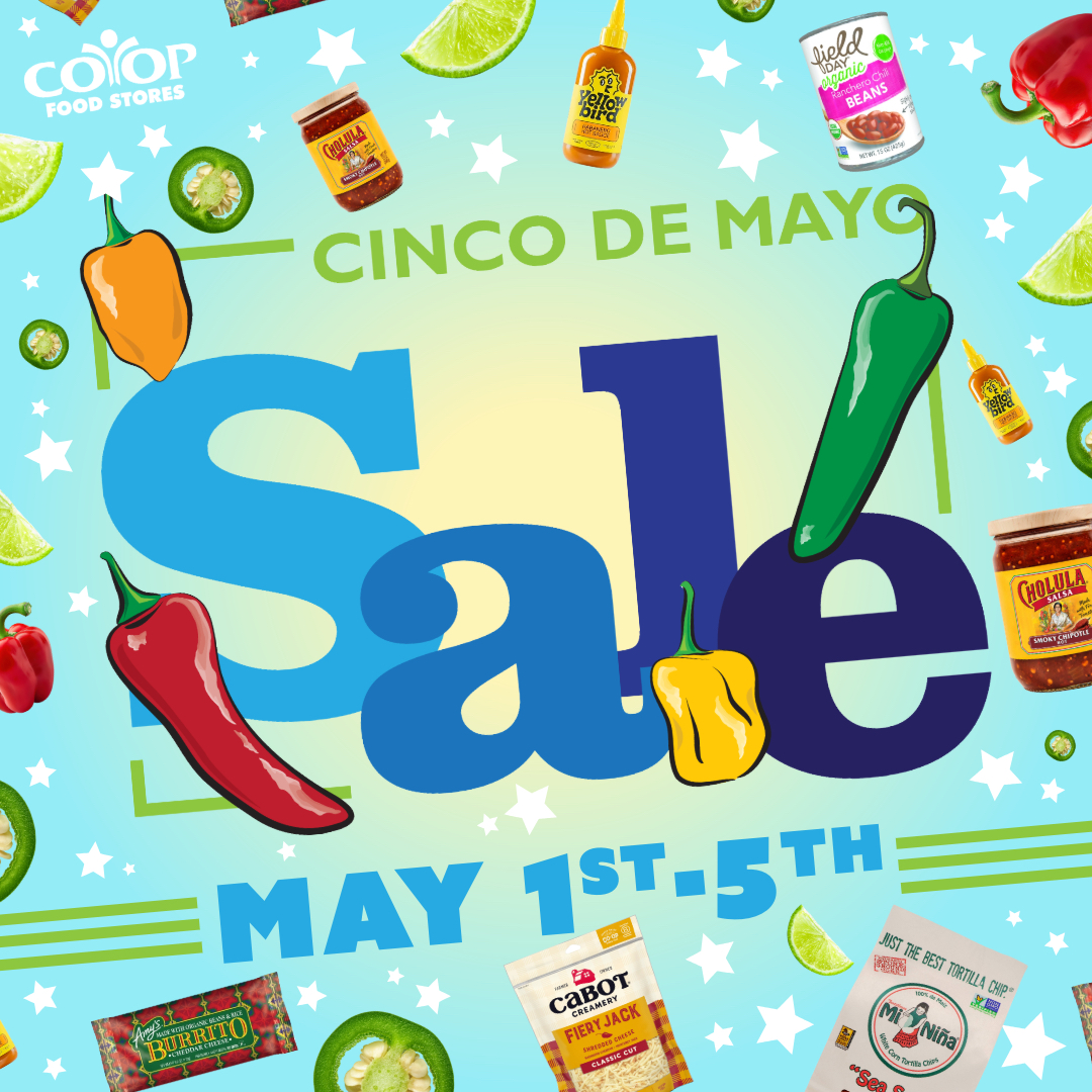Tyopgraphical illustration with the words "Cinco de Mayo sale" and various food illustrations
