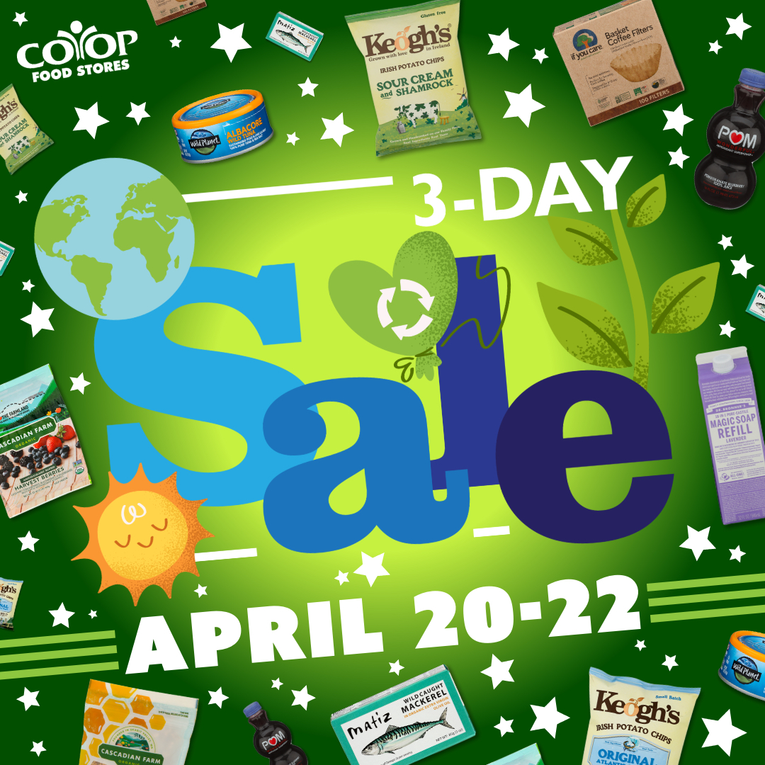 Colorful typographical illustration with words "3-Day Sale" and Earth/sustainability imagery along with product photos