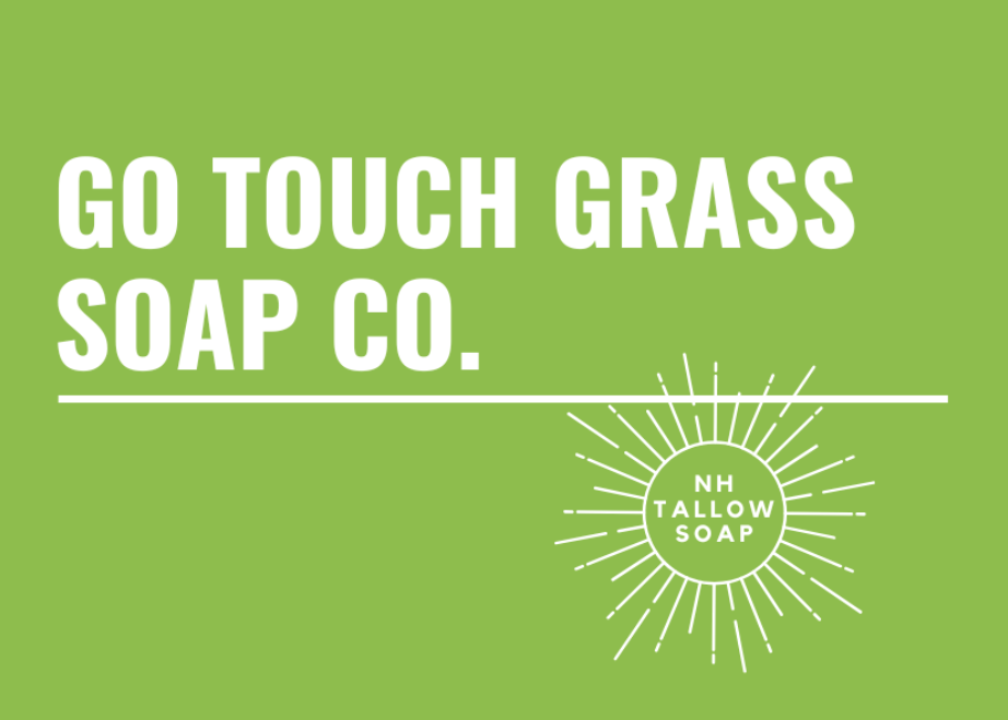 Go Touch Grass Soap Co. Logo with words on green background and minimalist white sun illustration