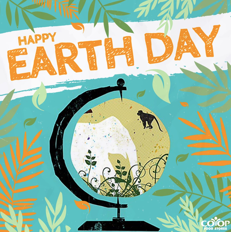 Earth Day illustration with globe and jungle animals and flora on colorful background