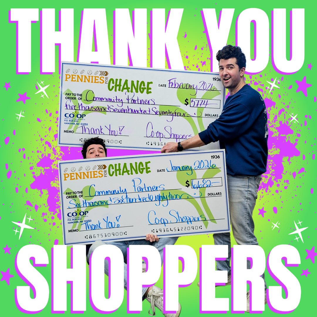 Photo illustration of Co-op employee with Pennies for Change checks