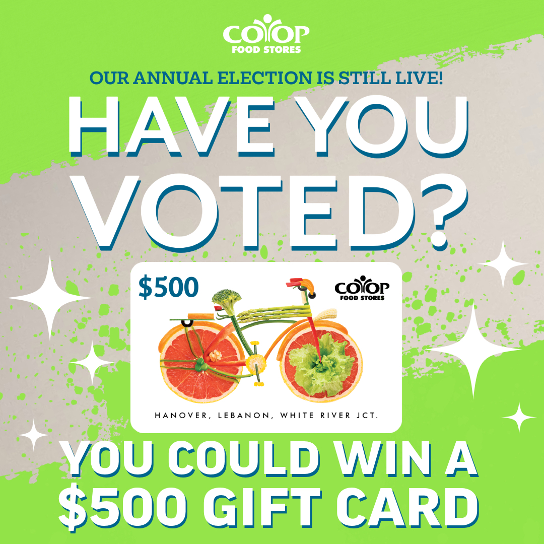 Photo illustration of Co-op Gift card with words "Have You Voted? You could win a $500 gift card" on colorful background