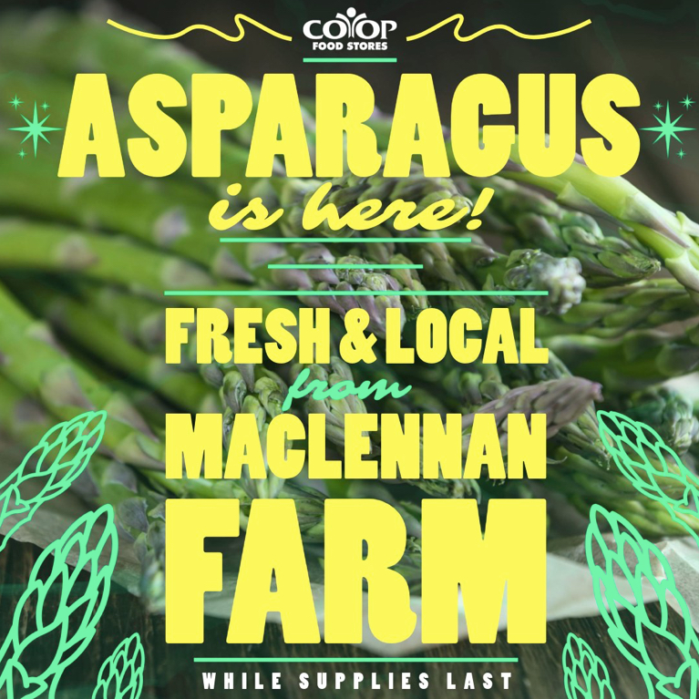 Photo/tyopgrahpical illustration with the words "Asparagus is Here from MacLennan Farm" on background of asparagus