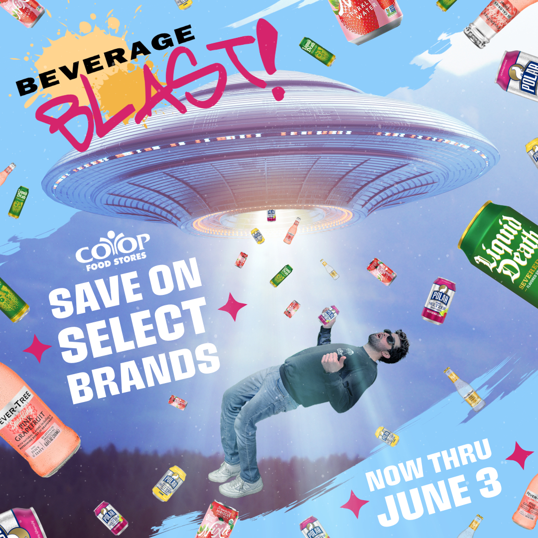 Photo collage art of Co-op employee with UFO and a wide variety of beverages. Yes, we're serious here.