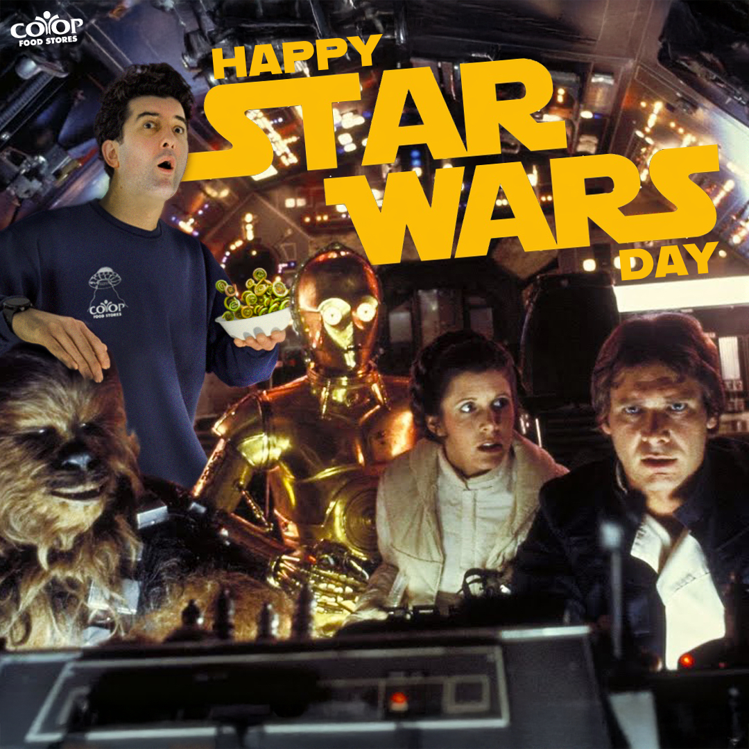 Film stillshot of Star Wars scene with Co-op employee photoshopped in (really!) for Star Wars Day