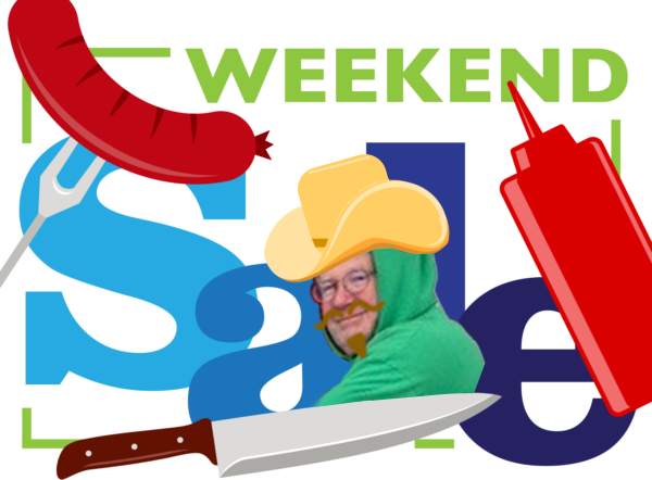 condiment-owboy Weekend Sale logo for grilling essentials with illlustrations of food items and an odd-looking cowboy. Yes, we're serious.