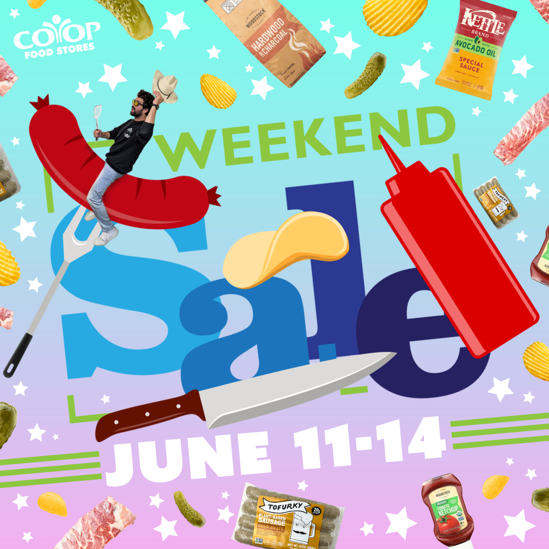 Weekend sale logo with illustrations and photos of food and a Co-op employee riding a sausage. Yes, we're serious.