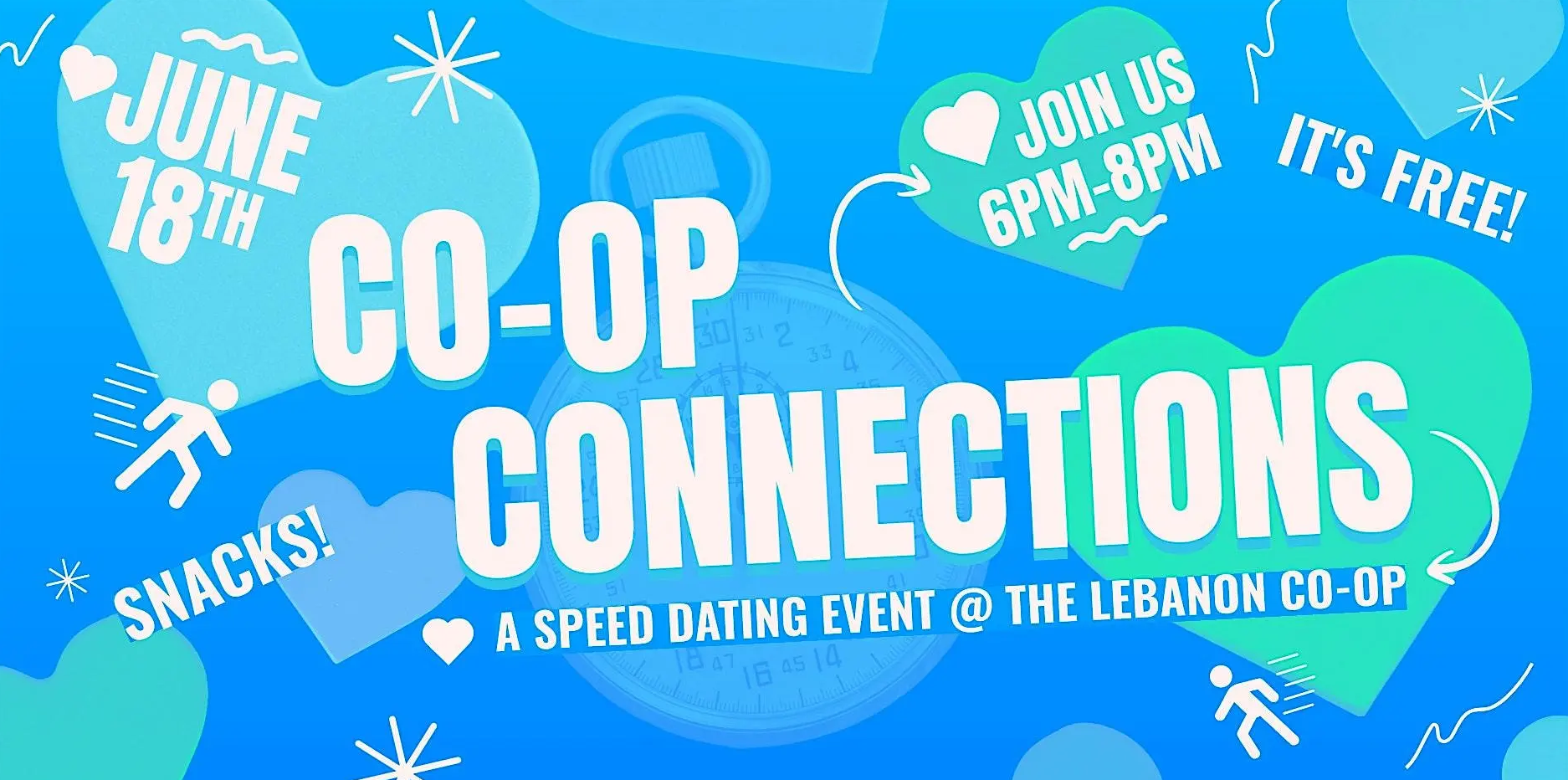Illustration of hearts and stick figures on blue and green colorful background