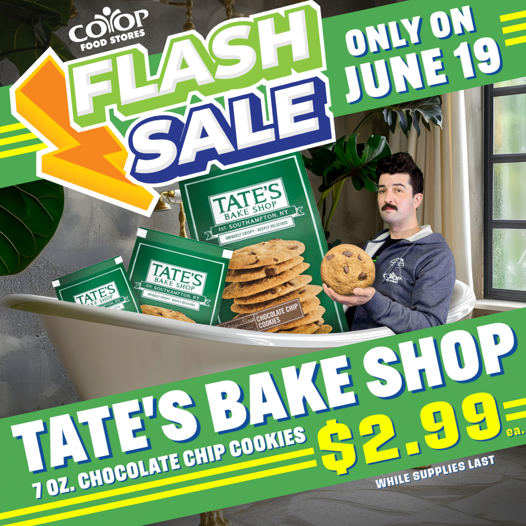 Photo illustration of Co-op employee in bathtub with boxes of chocolate chip cookies. Yes, we're serious right now.