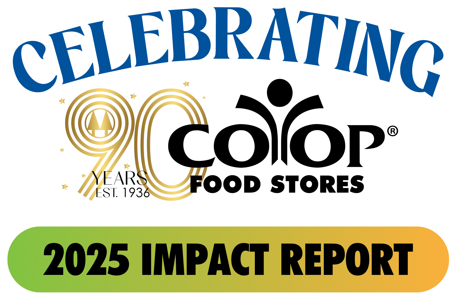 Typographical illustration with Co-op logo and words "Celebrating 90 Years" and "2025 Impact Report"