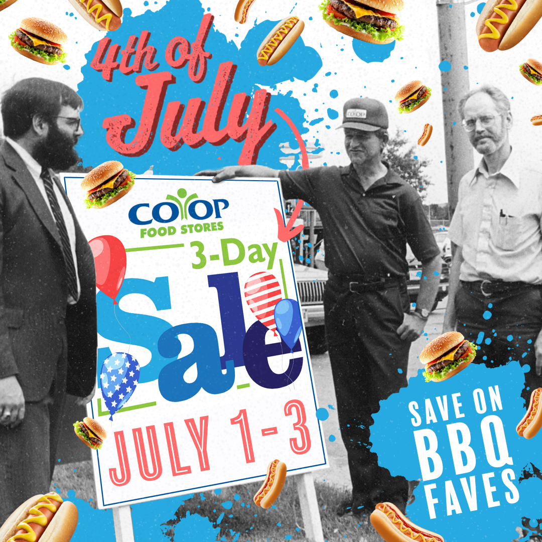 Fourth of July photo illustration with old image of Co-op board members and a collage of food graphics and sign for 3-Day sale