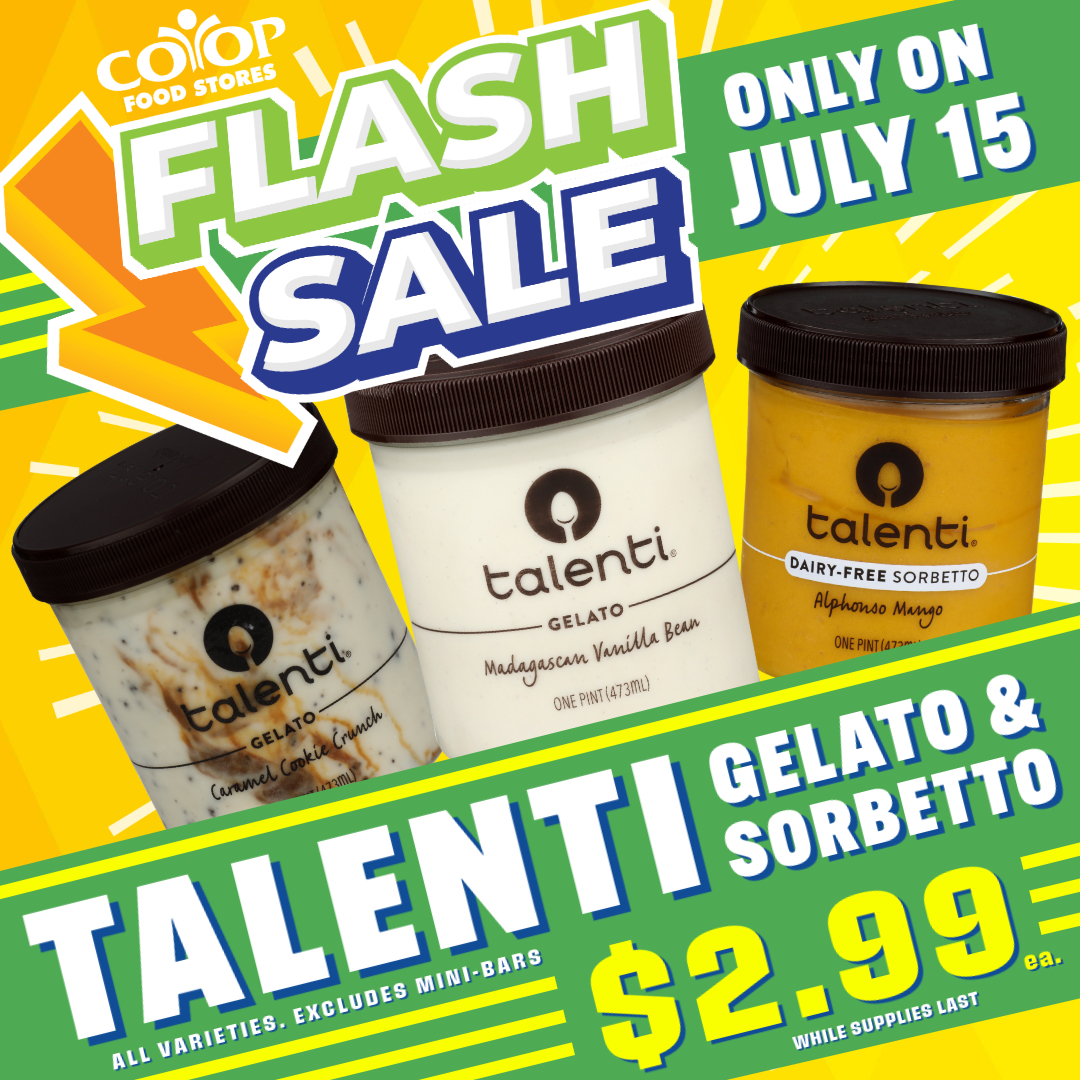 Photos of Talenti Gelato and Sorbetto on colorful orange and yellow and green background with Flash Sale logo