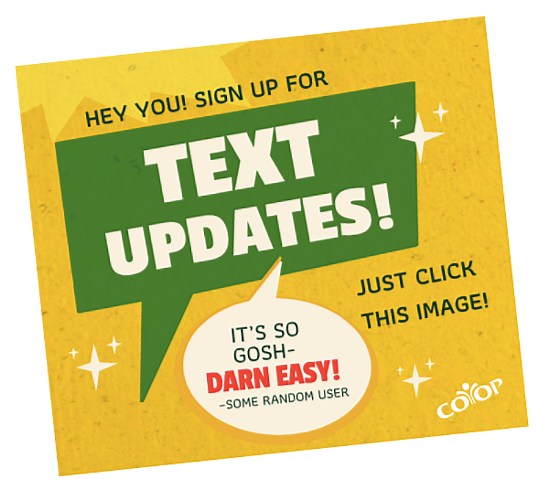Illustration of speech balloons with text about signing up for text updates, all on weathered yellow background with stars