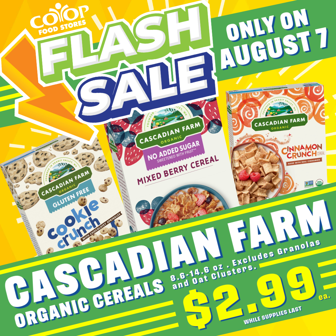 Photo illustration for Co-op Flash Sale on Cascadian Farm cereal featuring product images, Flash Sale logo, price, and colorful green, yellow, and orange background