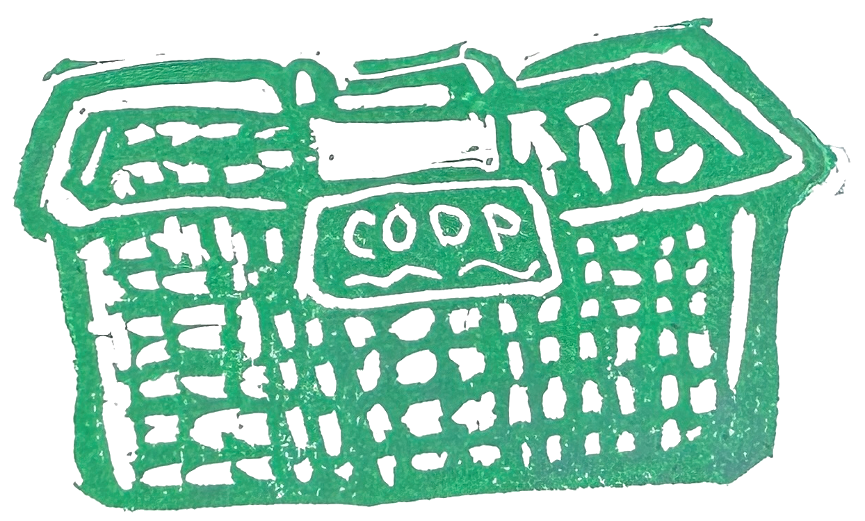 Distressed, weathered illustration of the Co-op store back in the day. Art by Deneé Woods.