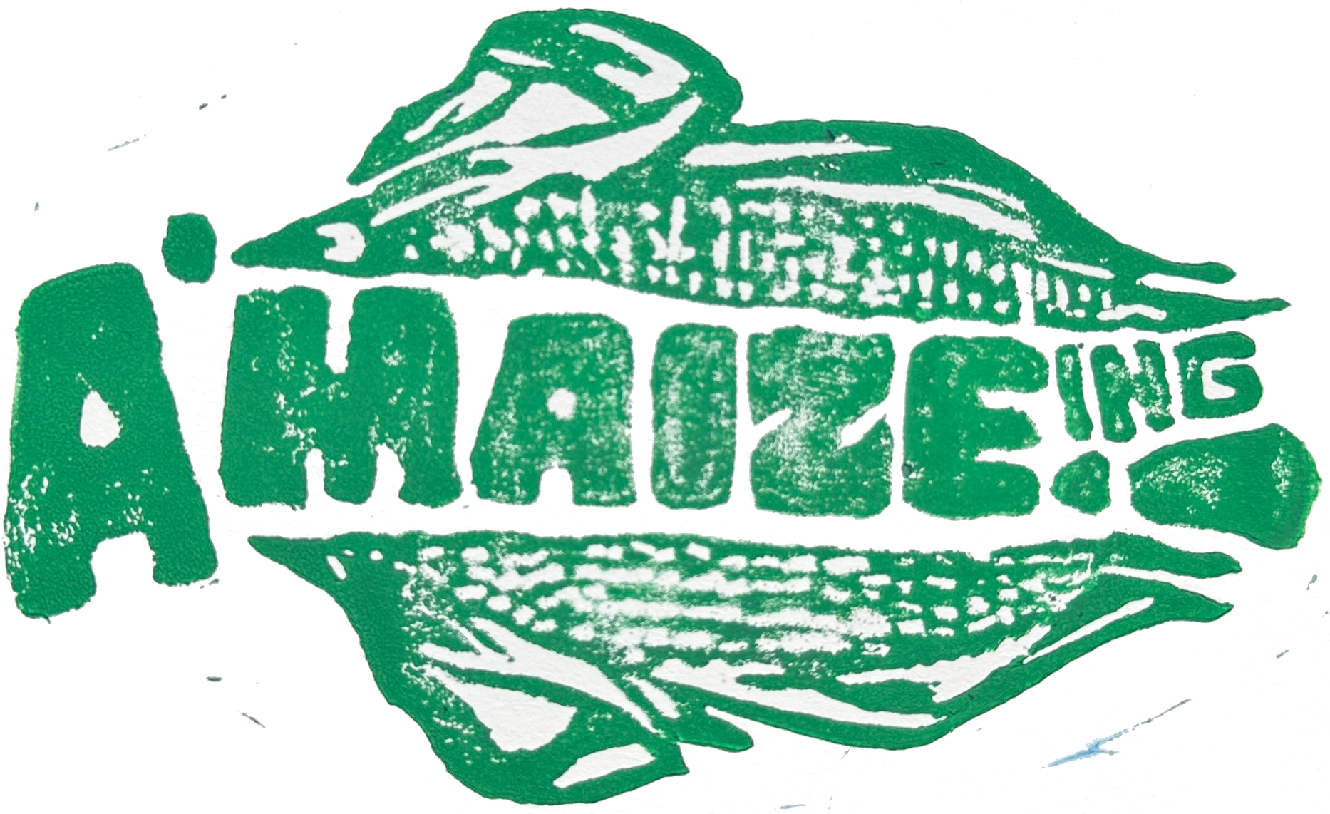 Distressed, weathered illustration of the word "Amaizeing" on an ear of corn