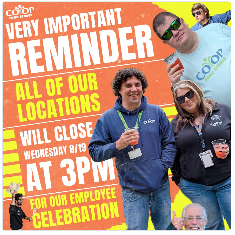 Photo illustration of Co-op employees smiling with announcement of Employee Appreciation Event
